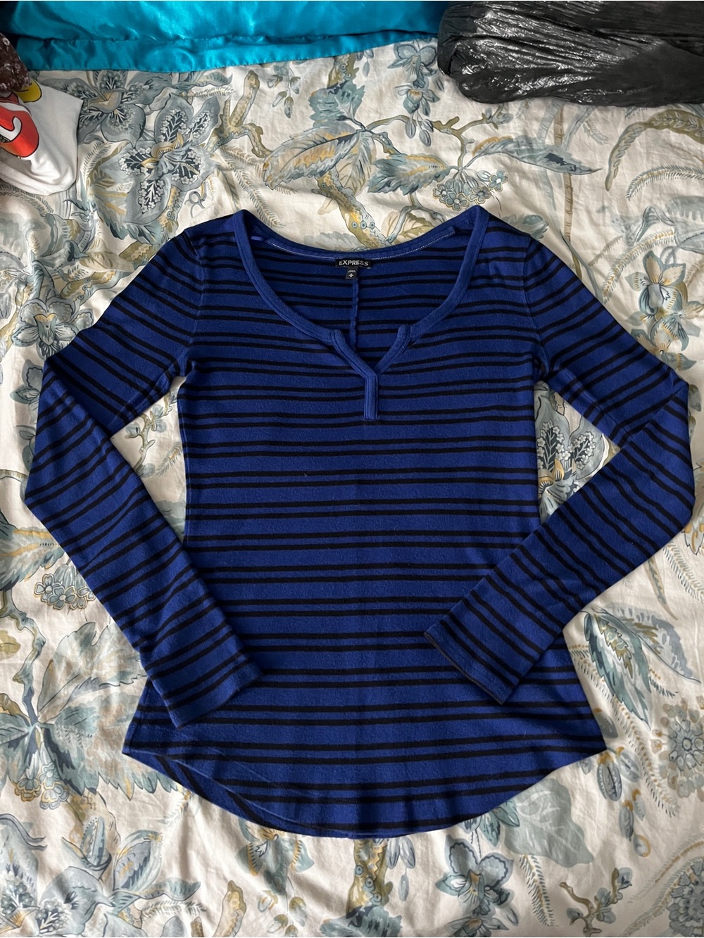 Express Blue & Black Striped Long Sleeve Henley Top